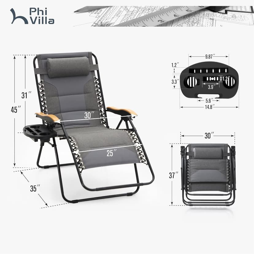 PHI VILLA XXL Oversized Padded Zero Gravity Chair, Foldable Patio Recliner, 30" Wide Seat Anti Gravity Lounger with Cup Holder, Support 400 LBS (Light Gray)