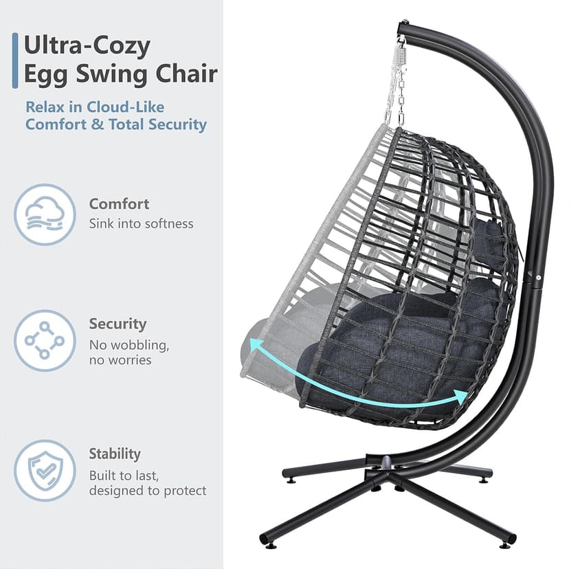 SWITTE Double Egg Swing Chair with Stand, Outdoor Patio 2 Person Hanging Wicker Hammock Chairs with Cushion for Indoor Bedroom, Lawn, Garden-Dark Grey