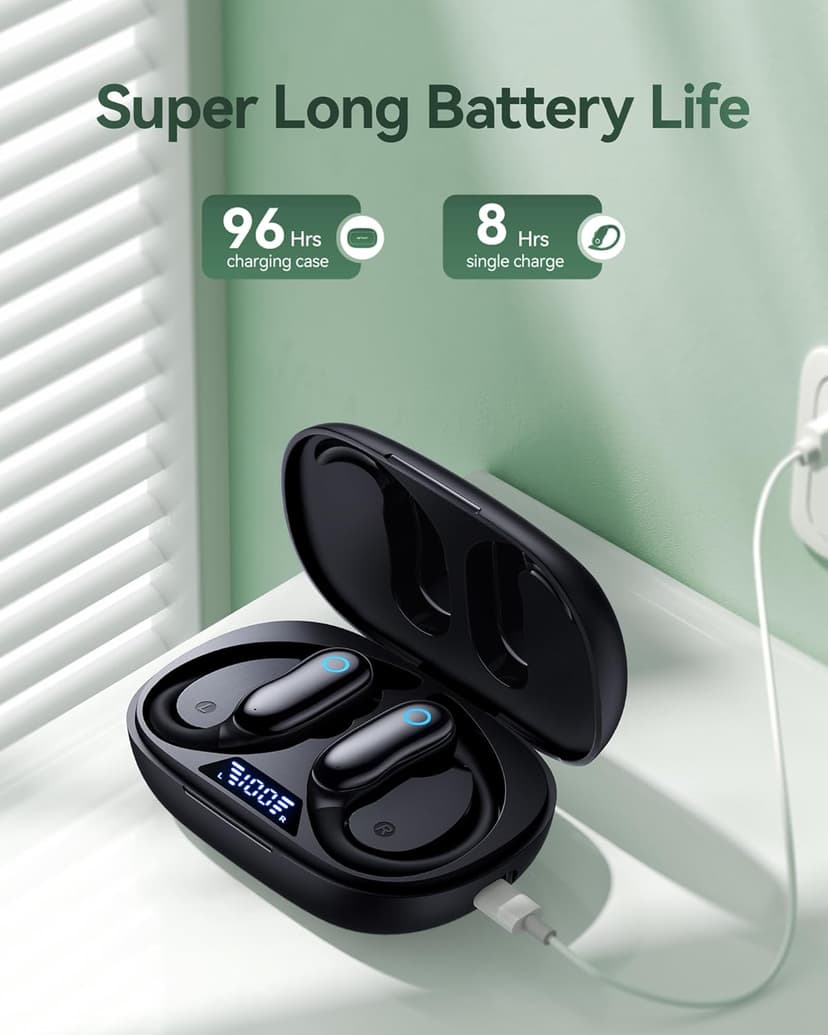 GNMN Active Noise Cancelling Ear Buds Wireless Earbuds 96hrs Playback Bluetooth Headphones Dual Battery Display Stereo Bass Earphones with Earhooks Microphone IPX7 Waterproof for Sports/Workout