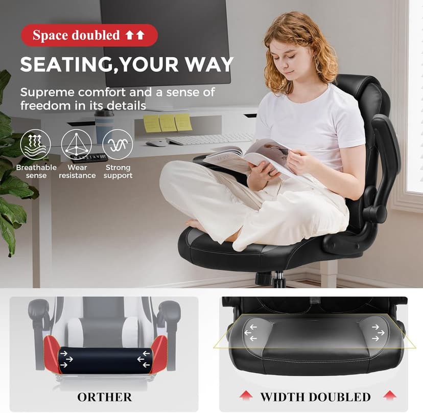 COMHOMA Office Computer Gaming Chair Ergonomic Desk Chair for Adults with Lumbar Support Flip-Up Arms Adjustable Height Swivel Wheels PU Leather Executive Design for Short People Use, Gray