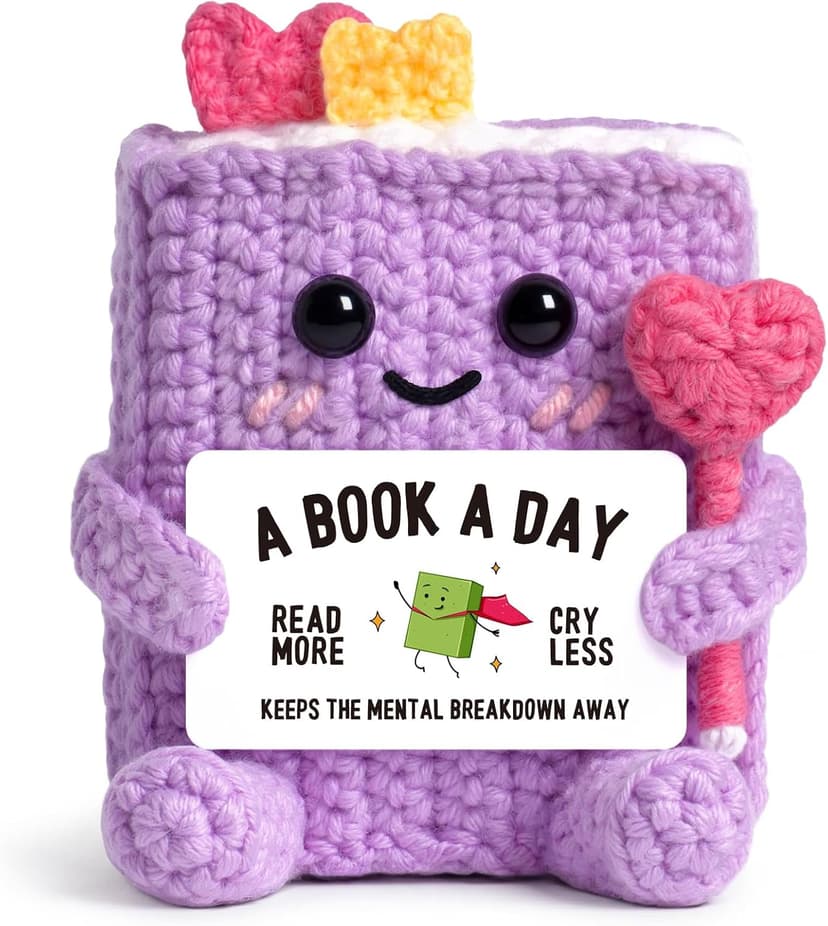 Funny Book-Themed Birthday Book Club Bookish Gifts for Reader, Librarian, Bookworm, Desk Decor, Handmade Book Lovers Gifts for Women, Girl, Book-Shaped Positive Support Crochet B0GL26L547