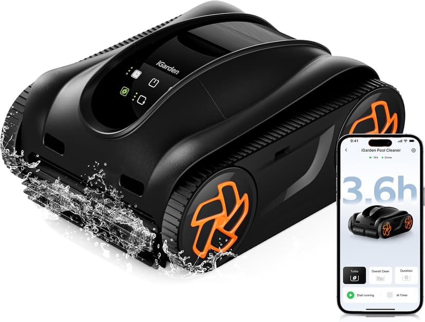 iGarden 4-in-1 Robotic Pool Cleaner, 3.6H Cordless Pool Vacuum for Inground & Above Ground Pools, Touchscreen & APP Control, Smart Navigation & Self-Parking, Cleaning Floor, Wall & Waterline, Black