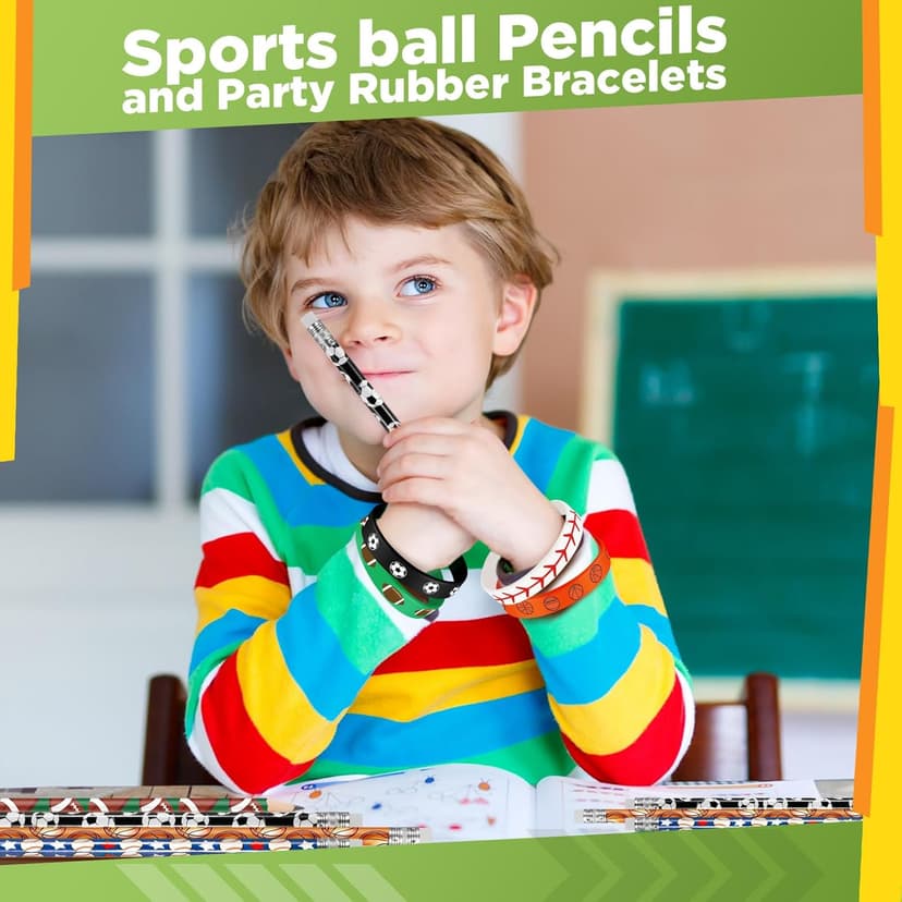 Sabary 48 Pcs Sports Pencils Silicone Bracelets Set Soccer Football Basketball Baseball Wooden Pencil Rubber Wristbands for Birthday Gifts Sports Party Favors(Multi Balls)