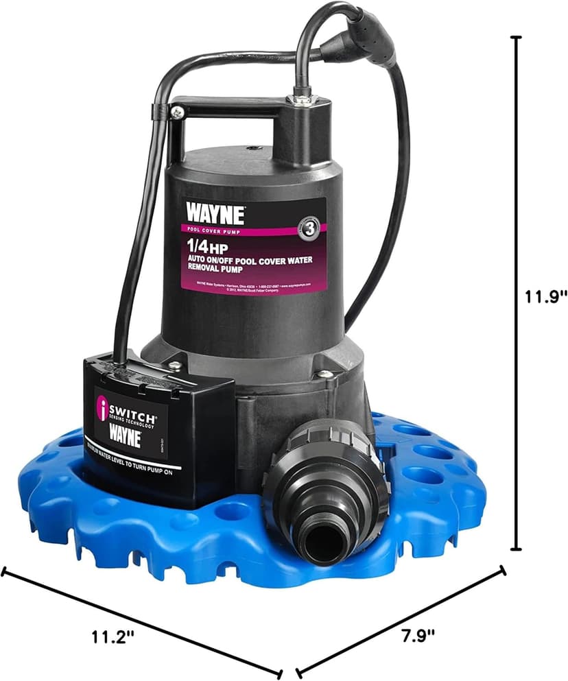 WAYNE WAPC250-1/4 HP Reinforced Thermoplastic Pool Cover Pump - Up to 3,000 Gallons Per Hour - Automatic On/Off Water Removal Pool Cover Pump