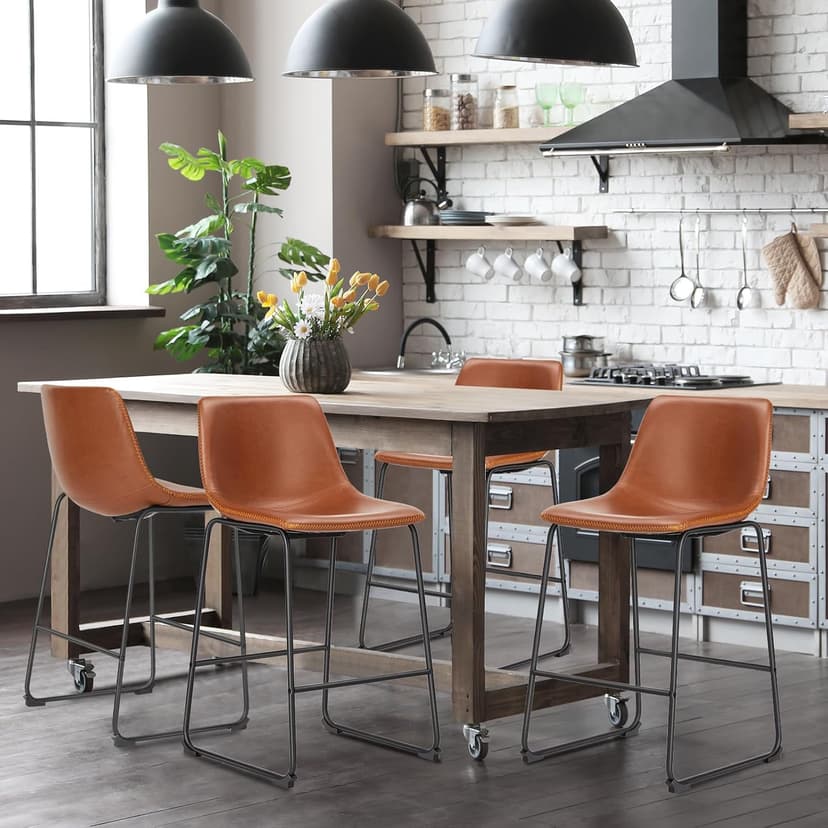 DUMOS 26 Inch Counter Height Bar Stools Set of 4, Modern Faux Leather High Barstools with Back and Metal Leg, Upholstered Bar Chairs for Kitchen Island, Brown