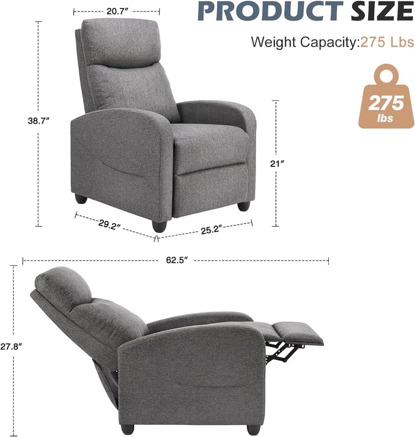 Sweetcrispy Massage Recliner Chair for Adults, Adjustable Home Theater Seating with Lumbar Support for Living Room, Modern Fabric Reclining, Grey