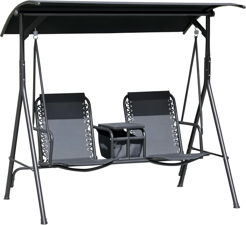 Outsunny 2-Seater Patio Swing Chair, Outdoor Canopy Swing Glider with Pivot Storage Table, Cup Holder, Adjustable Shade, Bungie Seat Suspension and Weather Resistant Steel Frame, Black