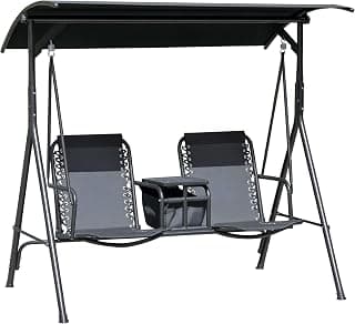 Outsunny 2-Seater Patio Swing Chair, Outdoor Canopy Swing Glider with Pivot Storage Table, Cup Holder, Adjustable Shade, Bungie Seat Suspension and Weather Resistant Steel Frame, Black