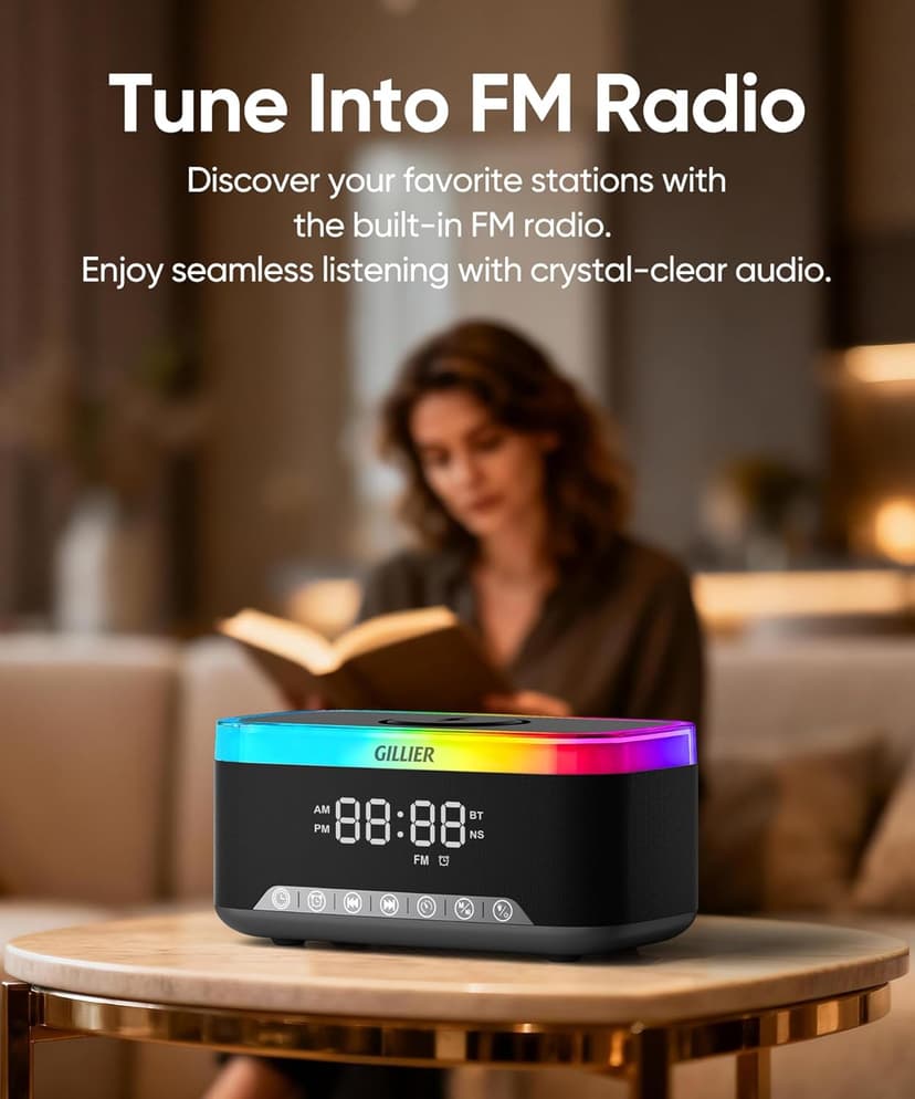 GILLIER Wireless Charging Alarm Clock Radio for Bedrooms – 15W Fast Wireless Charger Station for iPhone/Samsung, Bluetooth Stereo Speaker with FM Radio, Dimmable Display, USB Port, Sleep Timer, Black