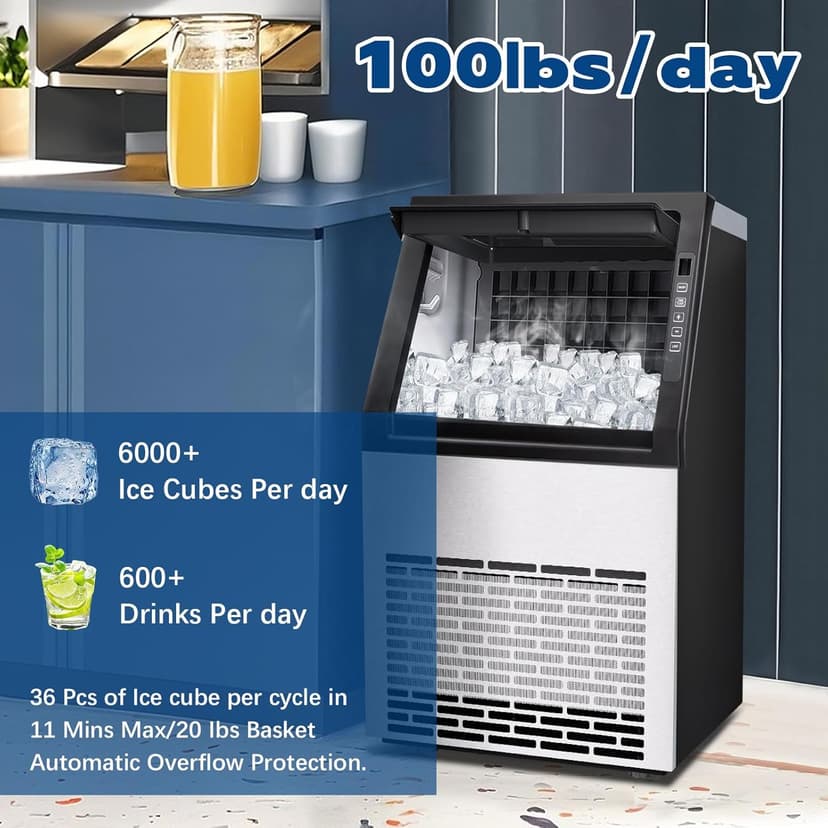 Commercial Ice Maker, 100lbs/24H with 20Lbs Storage, 36 Cubes in 11Mins, Stainless Steel Freestanding & Under Counter Large Ice Machine with LCD Display, Self-Cleaning for Home Bar Restaurant