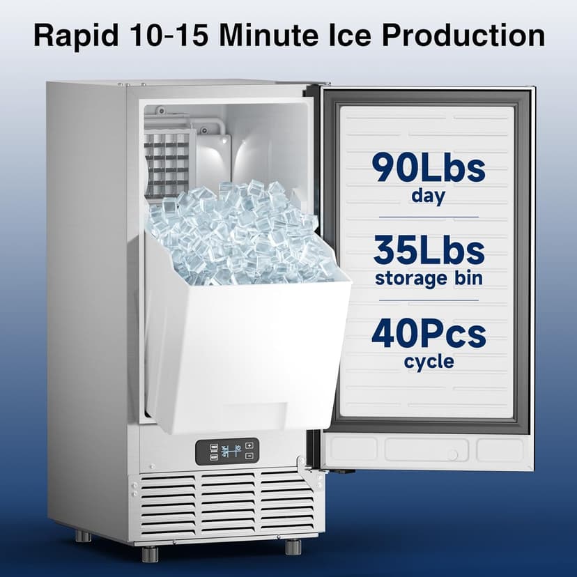 Mojgar Under Counter Ice Maker Machine - 90Lbs/24H, 35Lbs Storage Bin, Freestanding & Bulit-in Commercial Ice Maker | Self-Cleaning | Reversible Door | Commercial Ice Machine | Full Stainless Steel