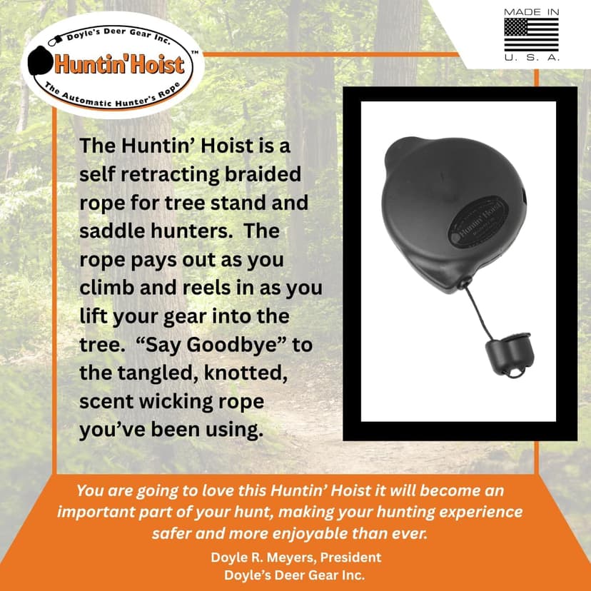 Doyle’s Deer Gear Huntin Hoist | Retractable Bow Hoist for Deer Hunting | Ascending Accessory for Saddle hunting and Elevated Tree Stands and Deer Blinds | 30 Feet of Retracting Braided Rope