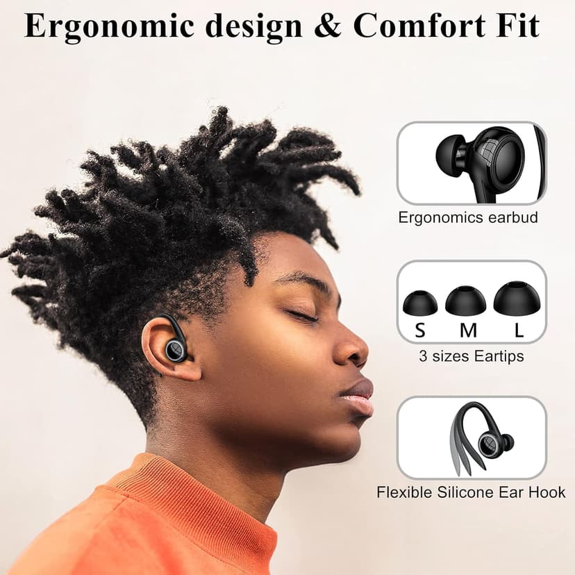 Bluetooth 5.2 Headset, Single Ear Earpiece Earphone with Mic, Hook, Noise Cancelling Headset for Business, Trucker, Driver, Wireless Bone Conduction Headphone with Ear Caps (S/M/L) for iPhone Android