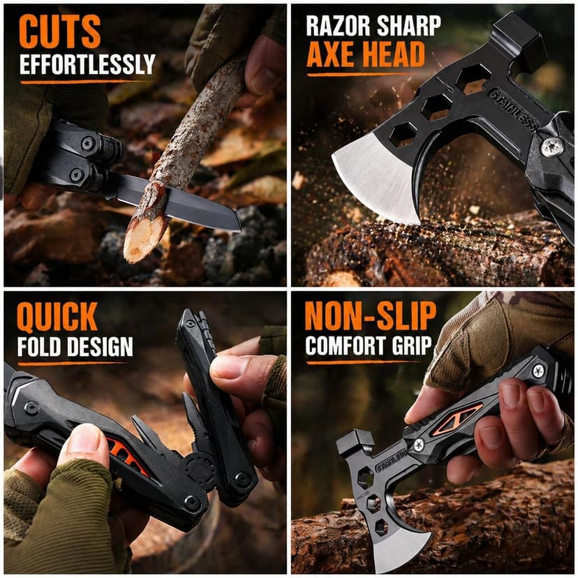 18-in-1 Multitool Hatchet Camping Axe with Hammer & Knife with Protective Sheath, Survival Gear for Men Dad, Emergency Car Tool & Hiking Accessories, Cool Gadgets for Outdoor Hiking Emergency