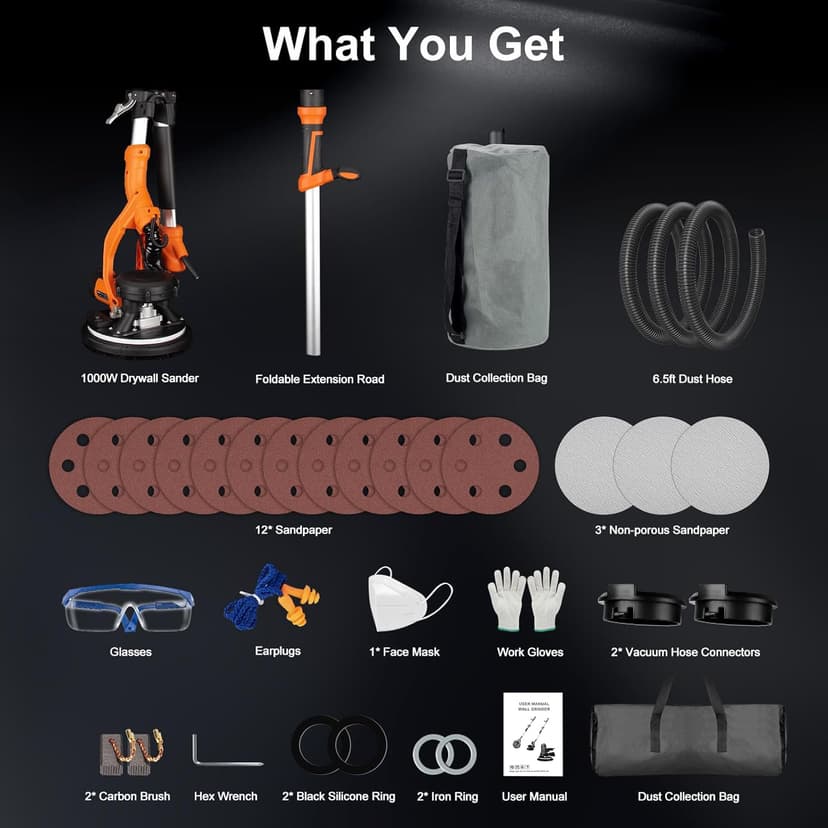 Drywall Sander, 1000W Popcorn Ceiling Removal Tool, Automatic Drywall Sander with Vacuum Dust Collection, LED Light, 6 Variable Speed 800-2200RPM, Foldable & Extendable Handle,15Pcs Sanding Discs