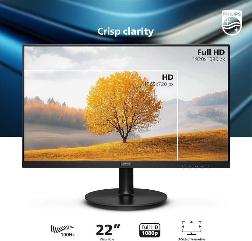 Philips 221V8LB 22 inch Class Thin Full HD (1920 x 1080) Monitor, 100Hz Refresh Rate, VESA, HDMI x1, VGA x1, LowBlue Mode, Adaptive Sync, 4 Year Advance Replacement Warranty