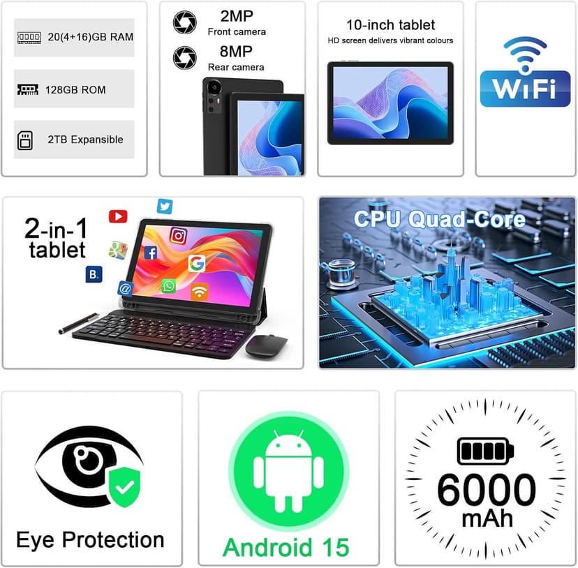 CUPEISI Android 15 Tablet 10 Inch, 20GB RAM+128GB ROM/2TB Expandable, 2.0GHz Quad-core Processor, 1280*800 HD Screen, 5G WiFi6 BT 5.0, 2 in 1 Tablets with Keyboard Case Mouse Stylus, Widevine L1 Black