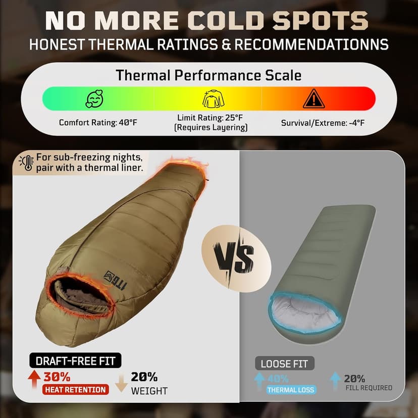 Mummy Sleeping Bag for Adults, 25℉-36℉ Cold Weather Backpacking Sleeping Bag, Lightweight 3-4 Season Winter Camp Bag with Adjustable Hood & Compression Sack, Machine Washable