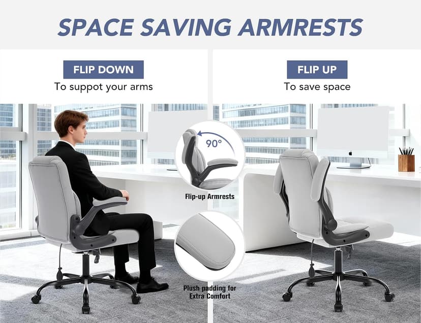 Office Chair with Adjustable Inflatable Lumbar Support,Leather Ergonomic Computer Desk Chair with Flip-up Arms,Adjustable Tilt Lock,Swivel Rolling Executive PC Chair for Work,Study,Meeting.Grey