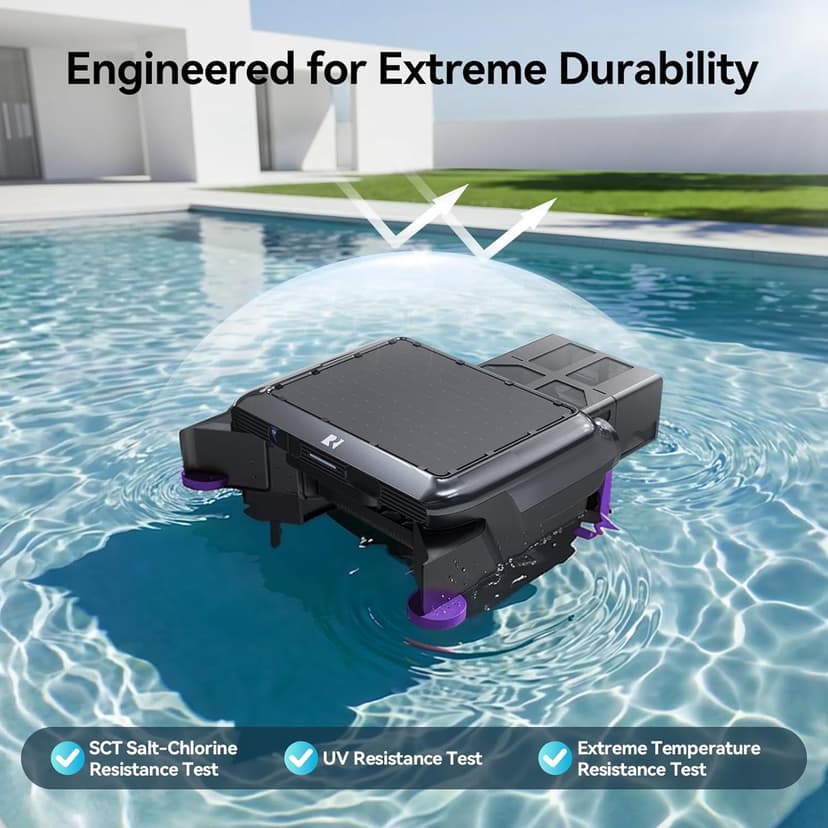 Solar-Powered Robotic Pool Surface Skimmer Cleaner with 24/7 Continuous Cleaning and Re-Engineered Twin Salt Tolerant Motors, Dual Charging,Smart Obstacle Avoidance, 150-um Filtration