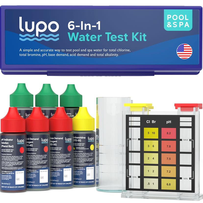 Lupo 6-in-1 Pool Test Kit | Pool Testing Kit for Residential Swimming Pools & Spas for Testing Total Chlorine, Total Bromine, pH, Base Demand, Acid Demand & Total Alkalinity Quick & Accurate Testing