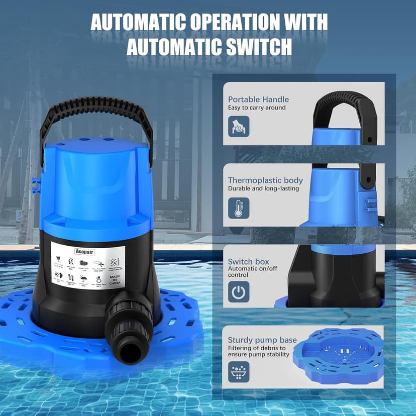 1 HP Automatic Swimming Pool Cover Pump, 5000 GPH 115V Submersible Pump with 3/4” Check Valve Adapter & 26ft Power Cord, Water Removal for Pool, Hot Tubs, Rooftops, Water Beds and more