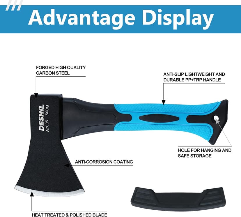 10” Outdoor Hatchet Forged Carbon Steel Heat Treated Hand Tool, Fiberglass Shock Reduction Handle with Anti-Slip Grip, Blue