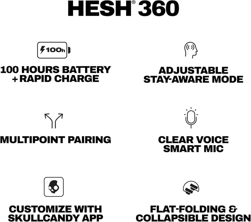 Skullcandy Hesh 360 Wireless Over-Ear Bluetooth Headphones, Up to 100 Hours Battery, Noise Isolating Fit, Flat-Folding Collapsible Design, Microphone iPhone Android - True Black