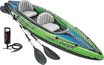 INTEX Challenger Inflatable Kayak Series: Includes Deluxe 86in Kayak Paddles and High-Output Pump – SuperStrong PVC – Adjustable Seat with Backrest – Removable Skeg – Cargo Storage Net