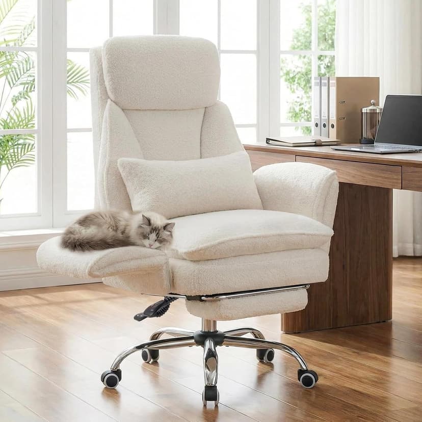 Furniliving Criss Cross Office Chair with Armrests & Wheels, Big and Tall Office Chair with Footrest, Flip Armrests for Pets, Wide Seat Cross Legged Desk Chair, Ergonomic Computer Chair, Teddy, White