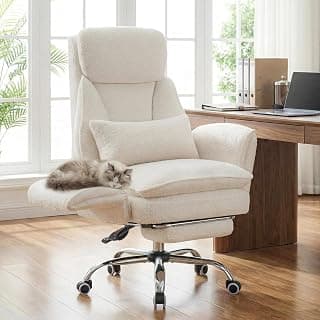 Furniliving Criss Cross Office Chair with Armrests & Wheels, Big and Tall Office Chair with Footrest, Flip Armrests for Pets, Wide Seat Cross Legged Desk Chair, Ergonomic Computer Chair, Teddy, White