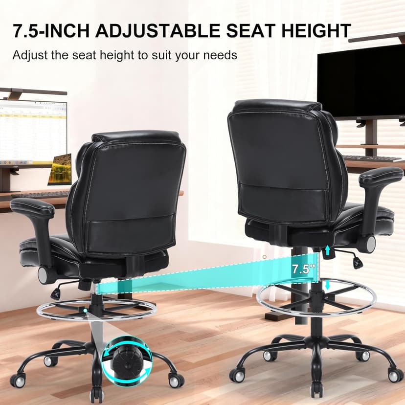 Drafting Chair, Tall Office Chair with Adjustable Armrests Mid-Back Standing Desk Chair with Footrest Ring, PU Leather High Executive Desk Chair Counter Height Office Chair for Home and Office, Black