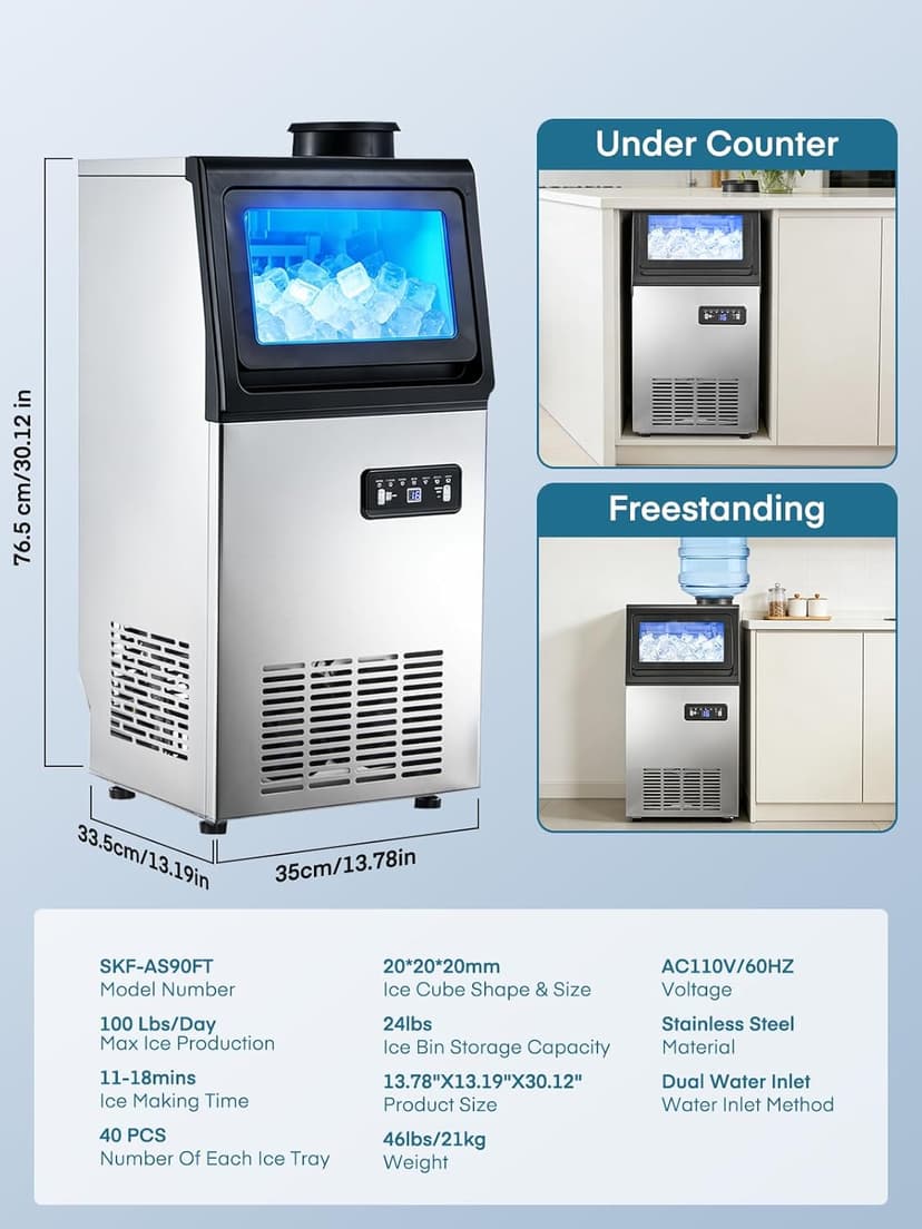 Commercial Ice Maker Machine, 100LBS/24H Freestanding & Undercounter Ice Machine with 2 Water Inlets, 40 PCS/Cycle and 24LBS Storage Bin, Stainless Steel, LED Display & Self-Cleaning for Home Bar