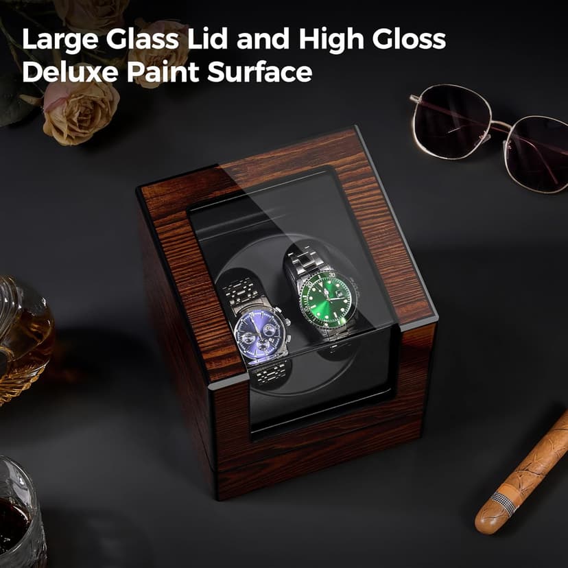 BEWISHOME BEWISHOME Watch Winder for Automatic Watches, Automatic Watch Winder Box Watch Spinner with LED Light, Double Watch Winder with Quiet Motor Wooden 4 Modes Battery or Type-C Adapter, Brown SYQ02Y
