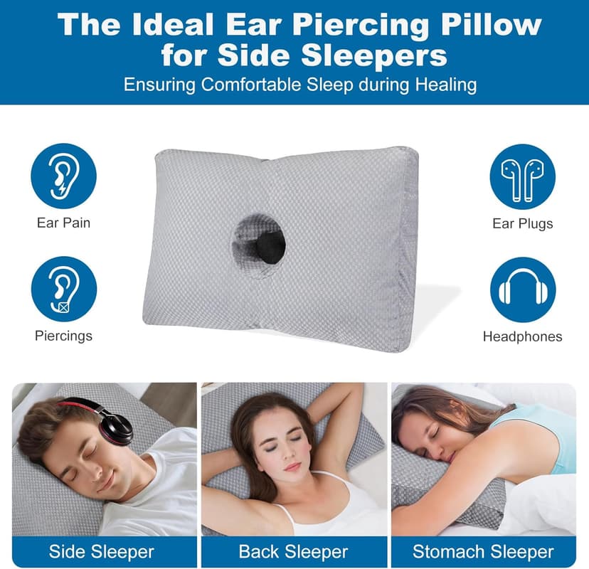 Ear Piercing Pillow for Side Sleepers with a Big Hole, Adjustable Height Ear Pillows for Ear Pain CNH, Pain Relief Sleeping, Skin-Friendly & Washable Pillowcase (20 x 13 x 4.5 inches - Gray)