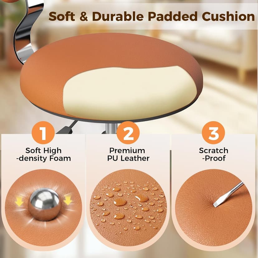 Rolling Stool Chair with Wheels, Office Drafting Chair with Back Support, Height Adjustable Standing Desk Stool with PU Leather Cushion for Home Office Kitchen Vanity Spa Garage Tattoo Dentist, Camel