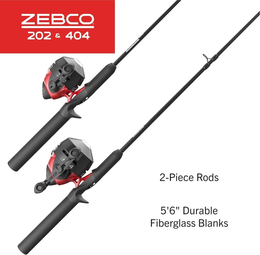 Zebco 202 & 404 Spincast Reels and Fishing Rod Combos (2-Pack), 5-Foot 6-Inch 2-Piece Fishing Pole, Size 30 and 40 Reels, Right-Hand Retrieve, Pre-Spooled with 10 lb and 15 lb Cajun Line, Black/Red