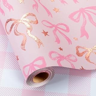 Reversible Plaid Gift Paper for Girl Baby Shower, Birthday, Wedding, Bridal Shower, Memorial Day, 17 Inch x 33 Feet MAYPLUSS Pink Wrapping Paper Roll, Cute Bow Gift Wrap B0DXV62X5W
