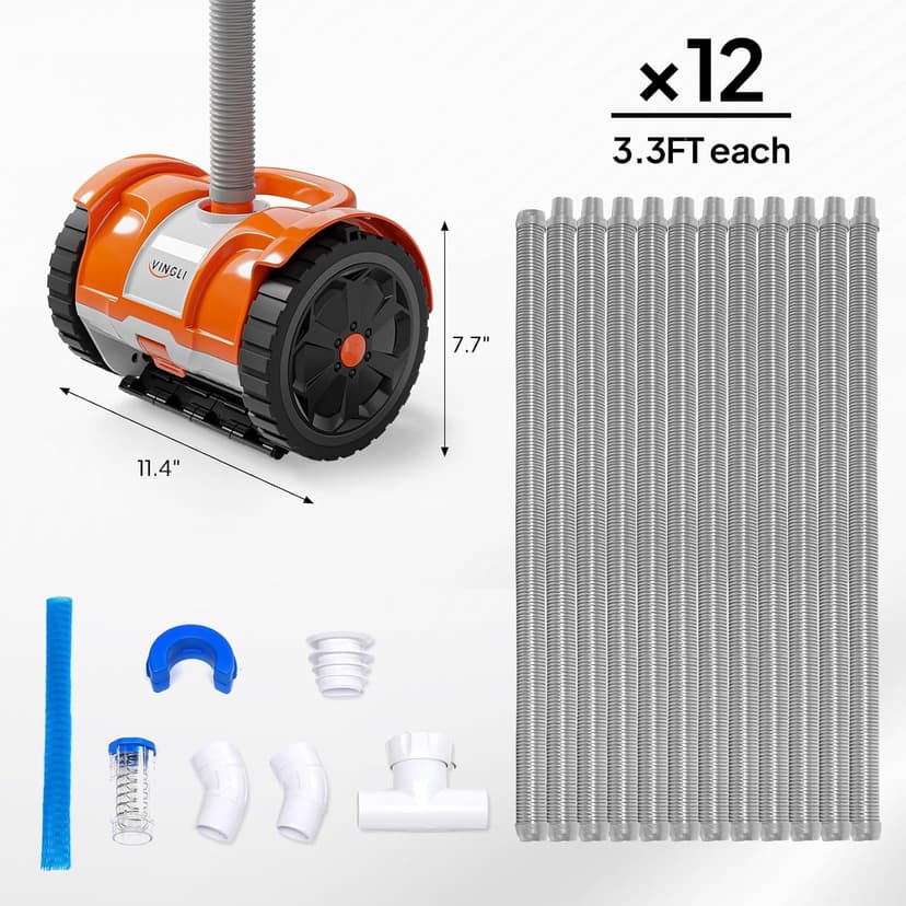 (2025 Upgrade) VINGLI Pool Vacuum Cleaner, Suction Side Wall-Climbing Sweeper for Ground&Inground Pools, Automatic Pool Vacuum with 39.6ft Tangle-Free Hose (Rich Orange&Gray)
