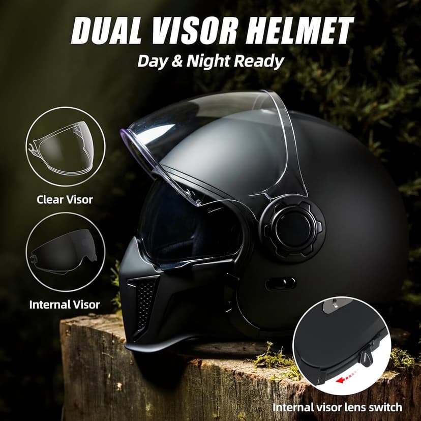 TRIANGLE Convertible Full Face Motorcycle Helmet DOT Approved for Men Women, Multi-Configuration 3/4 Open Face Street Bike Helmet with Internal Tinted Sunshield, Includes Storage Bag