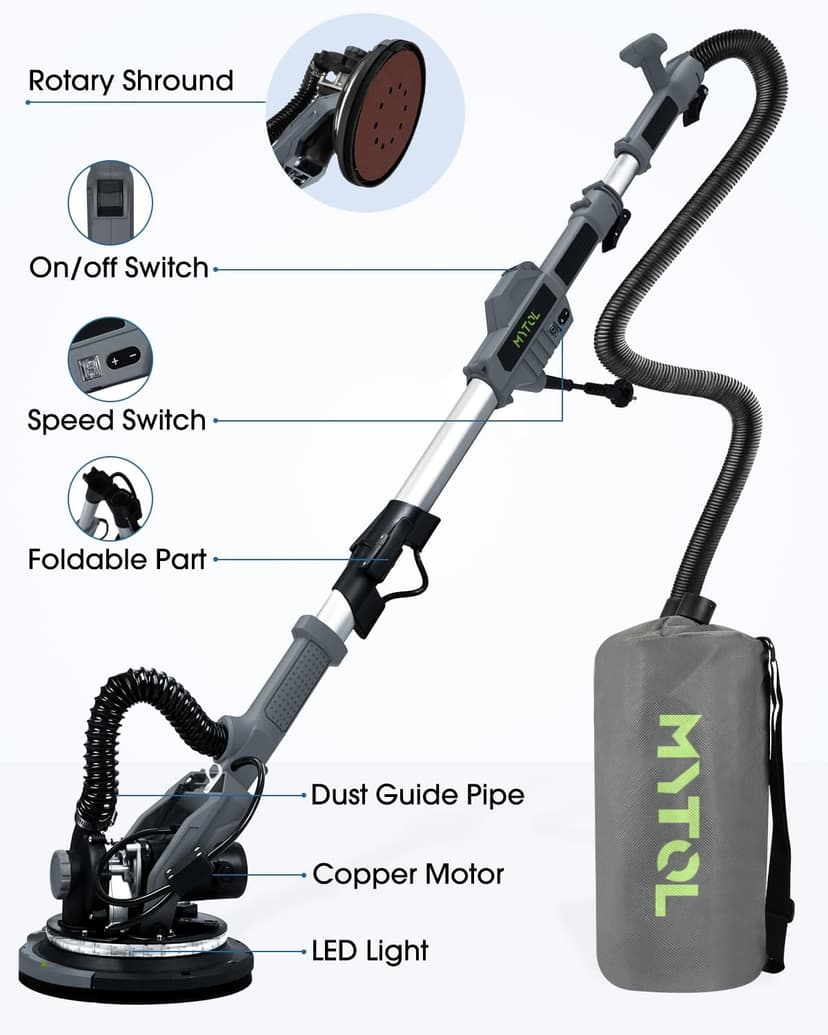 MYTOL Drywall Sander, 7.2A Electric Drywall Sander with Vacuum Dust Collection, LED Light, 6 Variable Speed Digital Display 900-1800RPM, Foldable & Extendable Handle (GREY)