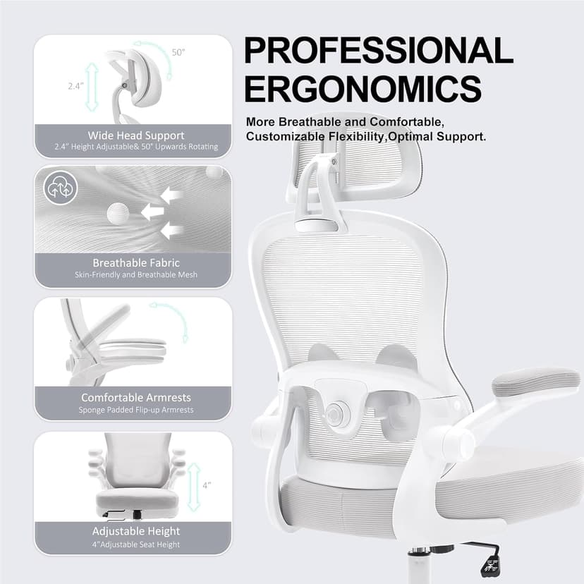 Ergonomic Office Chair,Ultra Thick Office Desk Chair with Adjustable Lumbar Support and Headrest,Spring Cushion,Rocking Function,Flip-up arms,Mesh Computer Chair for Home Office,Grey