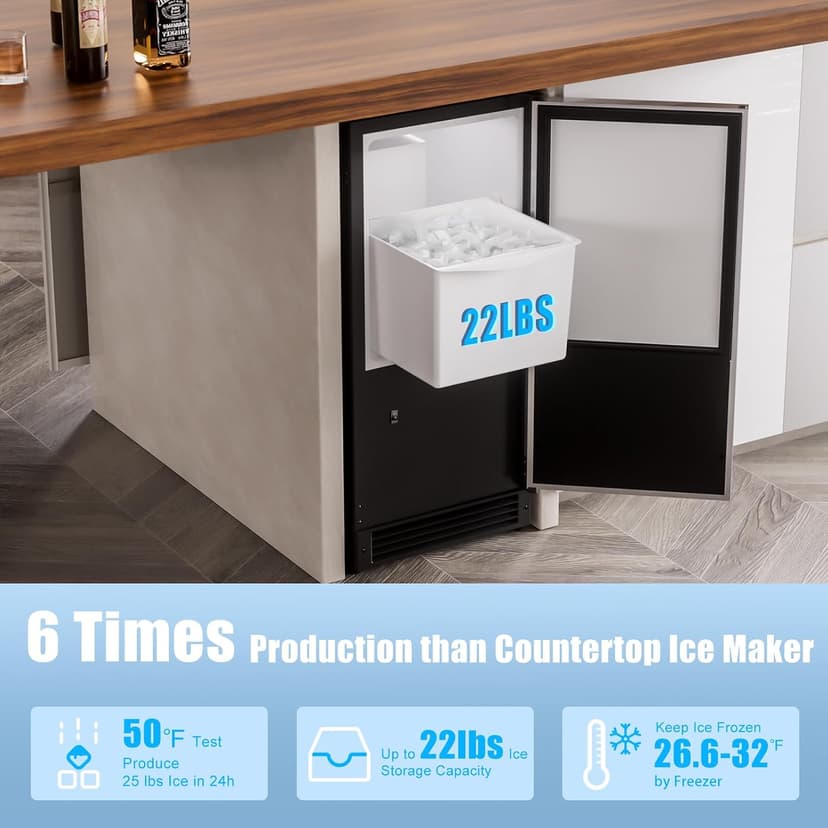 COTLIN 15" W Drainless Under Counter Ice Maker with 22LBS Storage Bin, Crescent Ice, Free Standing Built-in Ice Maker for Residential Commercial Use, No Drain Required, ETL Approved, 2026 Upgraded