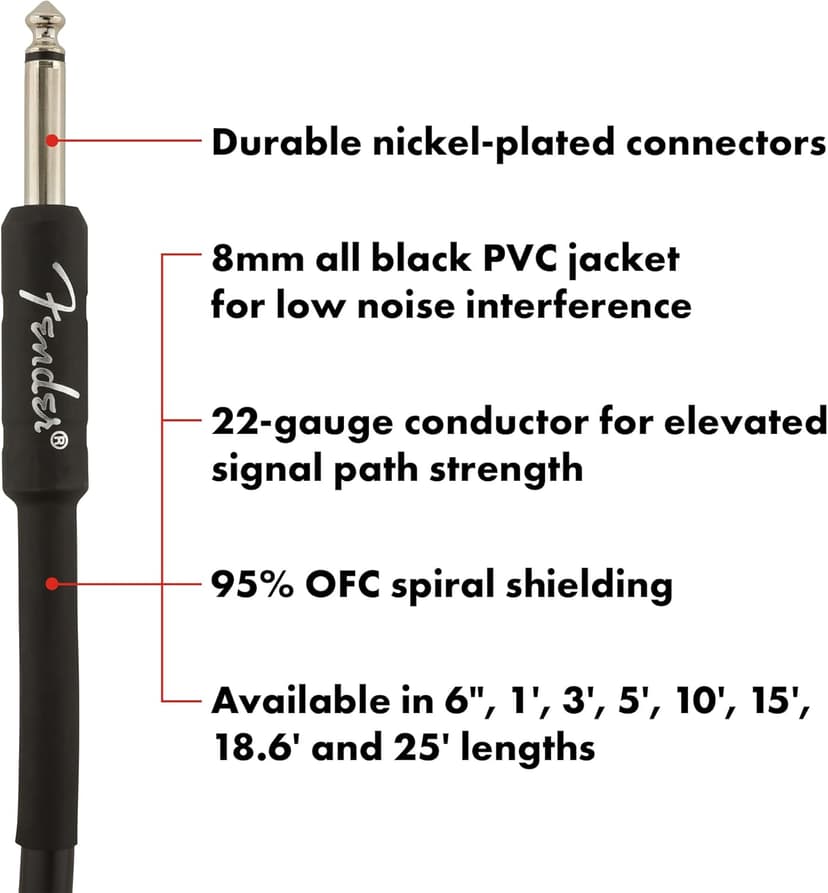 Fender Professional Series Instrument Cable, Guitar Cable 10 ft, Guitar Accessories, Stage Ready with Anti-Kinking Design, Black