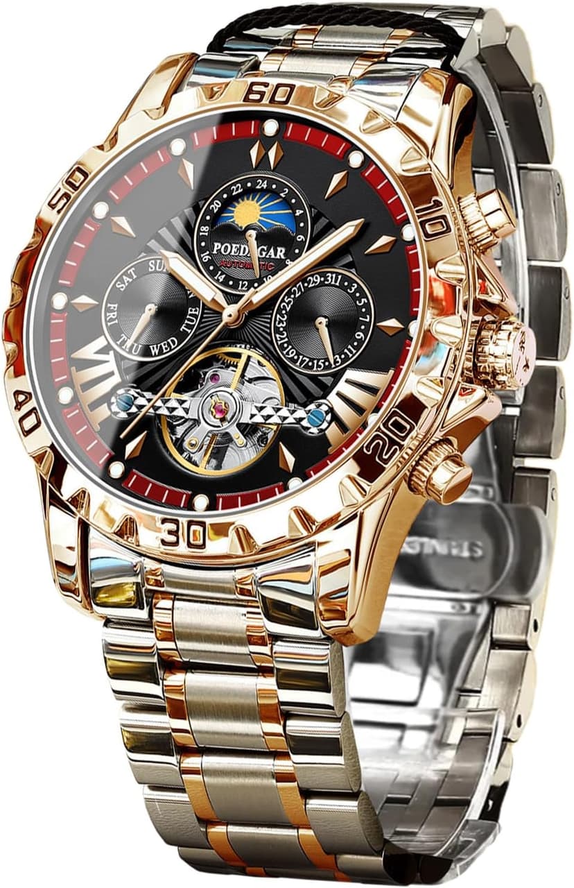 FORSINING Mechanical Men's Watch, Moon Phase Tourbillon Automatic Self-Wind Wristwatch, Luxury Stainless Steel Band 43mm Big Dial Mens Wrist Watch with 3 Sub Dial