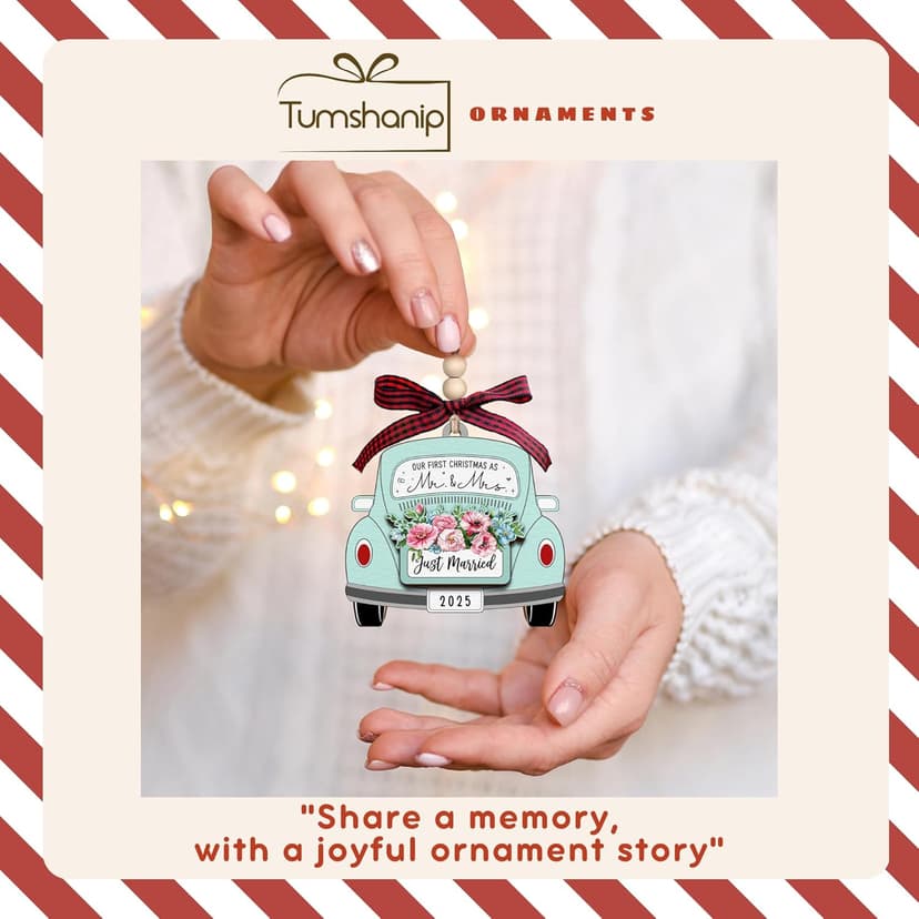 TUMSHANIP First Christmas Married Ornament 2025 - Wedding Ornaments - Wedding Gifts for Couples 2025, Newlyweds, Bride - Mr and Mrs Gifts - Just Married Couple Gift - Wood Ornament