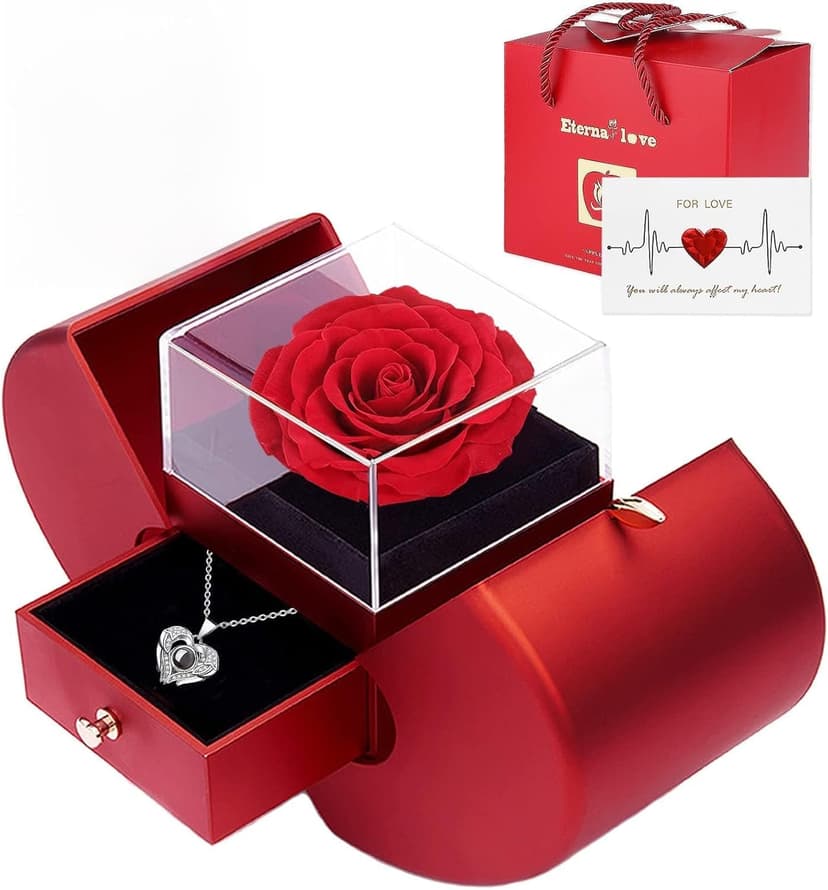 Preserved Real Rose with I love you Necklace 100 Languages, Gifts for Girlfriend, Women, Mom, Wife, Gifts Idea on Christmas, Valentine's Day, Mother's Day, Birthday, Anniversary, Thanksgiving