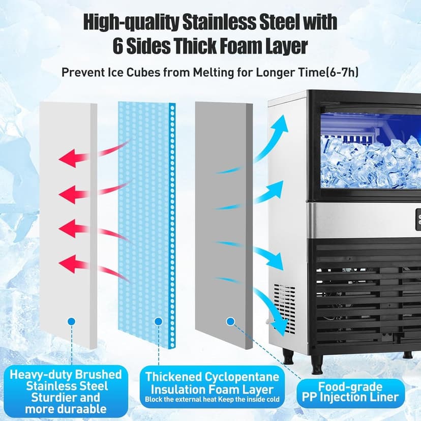 Commercial Ice Maker Machine, 150lbs/24H, 30 Lbs Ice Storage Bin, Fast Making Ice in 5-15 Mins, Auto-Clean, Timer Function, Freestanding or Undercounter for Restaurant,Coffee Shop, Food Truck and Bar