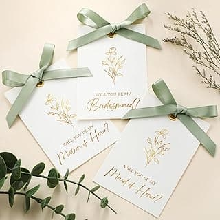 11 Pcs Bridesmaid Proposal Card with Ribbon Bow Floral Metallic Bridal Gift 8 Will You Be My Bridesmaid 2 Maid of Honor 1 Matron of Honor Invitation for Bridal Shower(White, Sage Green)