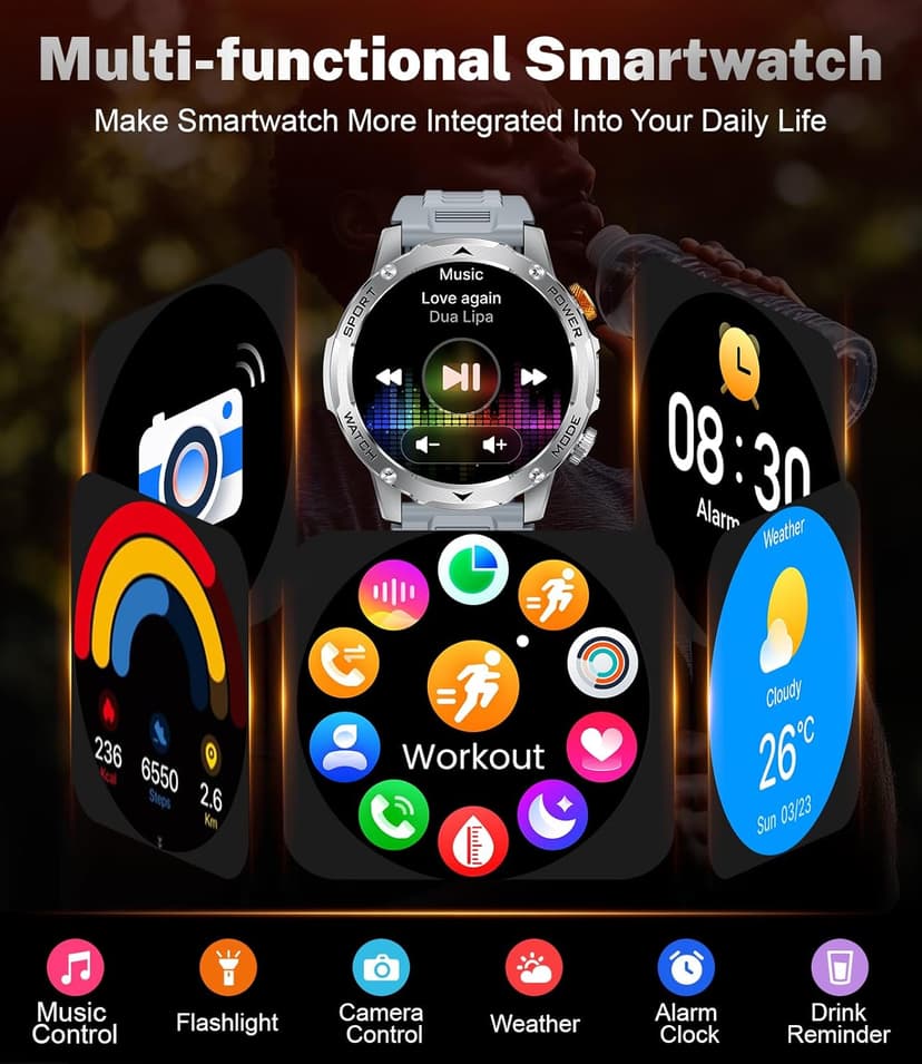 Military Smart Watch for Men 1000 mAh Battery/3 Bands/Flashlight,1.75'' HD Display Smart Watch with Call,IP68 Waterproof Fitness Tracker with Heart Rate,Sleep Monitor,100+ Sport Modes,for iOS Android